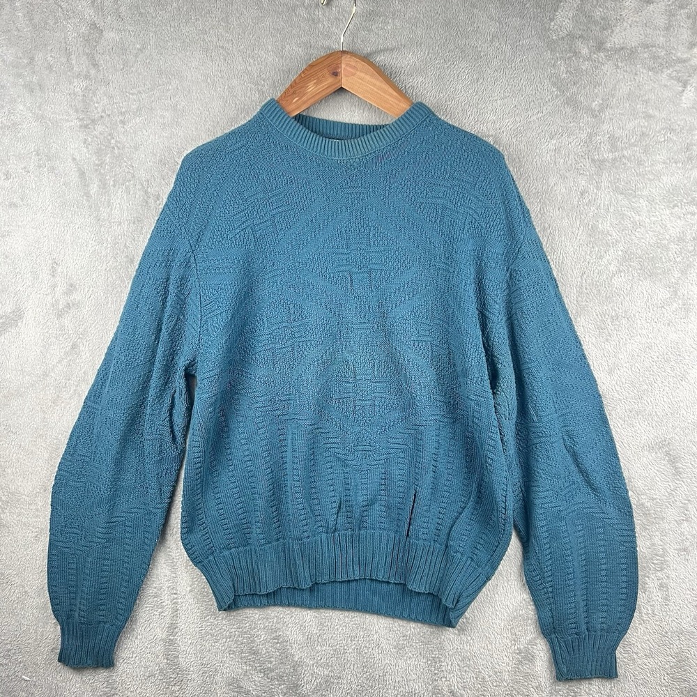 Vintage‎ Jantzen Cable Knit Sweater Mens L Aqua Casual  USA Made Fisherman VTG